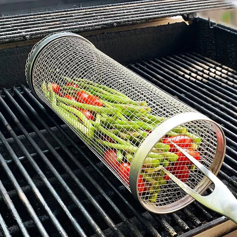 Round BBQ Basket Stainless Steel Rolling Grilling Basket Wire Mesh
