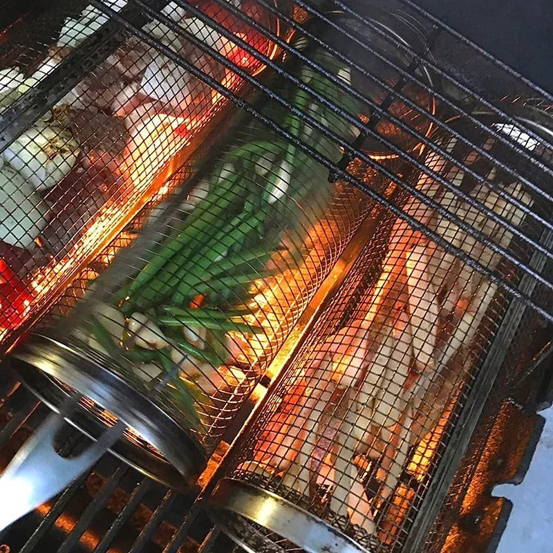 Round BBQ Basket Stainless Steel Rolling Grilling Basket Wire Mesh