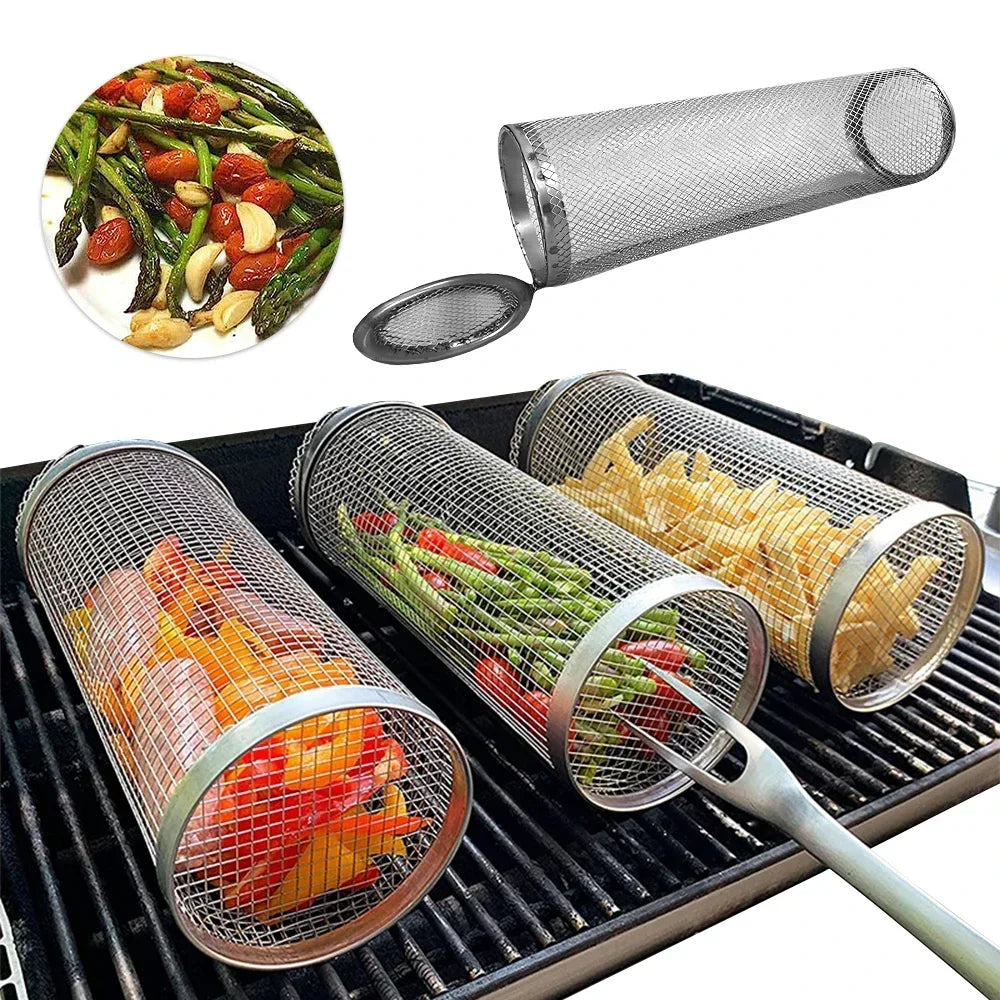 Round BBQ Basket Stainless Steel Rolling Grilling Basket Wire Mesh