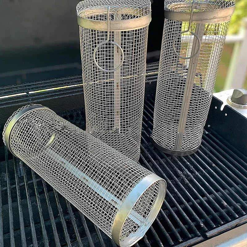 Round BBQ Basket Stainless Steel Rolling Grilling Basket Wire Mesh